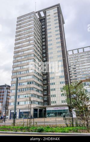 Lunar House in Croydon was developed by Harry Hyams & completed in 1970. It houses the HQ of the UK Visas and Immigration division of the Home Office. Stock Photo