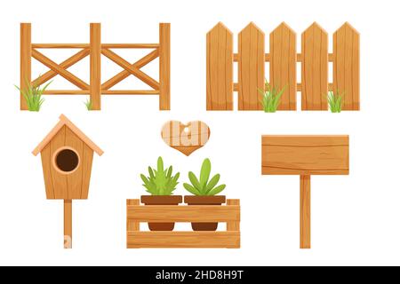 Set wooden fence, birdhouse, empty billboard, sign and wooden box with flowerpots isolated on white background. Textured, detailed objects, seasonal decoration, beige elegant color in cartoon style. Vector illustration Stock Vector