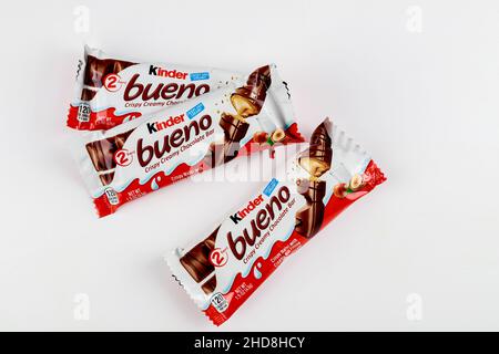 May 4, 2021. New York. Top view of Kinder Bueno chocolate bar with wafer and creamy nut filling. Stock Photo