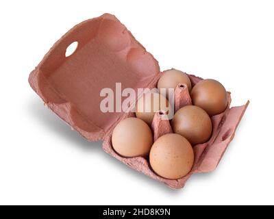 Six eggs in a box isolated on white background Stock Photo