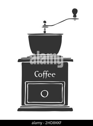 Retro coffee grinder. Antique device for preparing a coffee drink. Cafe symbol. Black silhouette. Vector isolated hand drawn illustration Stock Vector
