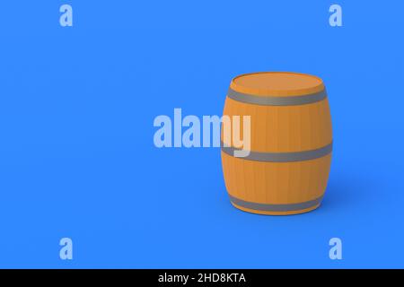 Vintage wooden barrel on blue background. Equipment for winemaking, brewing. Storage of alcoholic beverages. Retro keg. Sale of beer. Copy space. 3d r Stock Photo