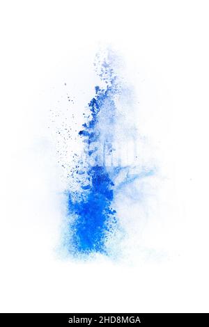 Explosion of blue, navy color, fluid and neoned powder on white studio background with copy space Stock Photo