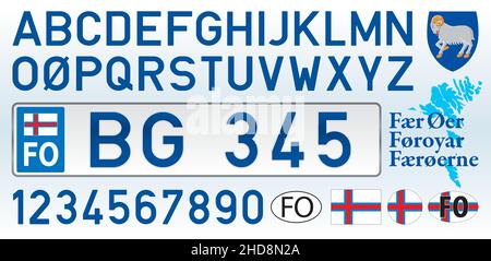 Faer Oer, Foroyar car license plate, letters, numbers and symbols, vector illustration, Denmark Stock Vector