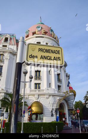 Le Negresco Hotel and Promenade des Anglais sign. Nice, France, 2019. Stock Photo