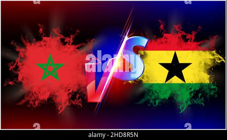 Morocco and Ghana ongoing trade war conflict. Flag of two countries opposite to each other with vs text and background black Stock Photo