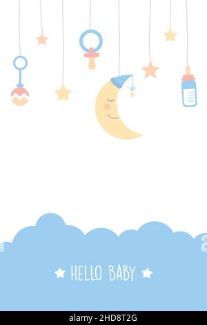 hanging sleeping moon and stars in sky childhood Stock Vector