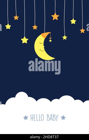 hanging sleeping moon and stars in sky childhood Stock Vector