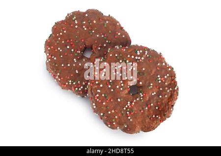 Studio shot of thick, chocolate biscuits cut out against a white background - John Gollop Stock Photo