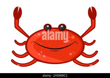 Red crab isolated on white background. Funny cartoon crab. Character smiling crayfish with big claws.Cute cancer mascot.Sea animal.Vector illustration Stock Vector