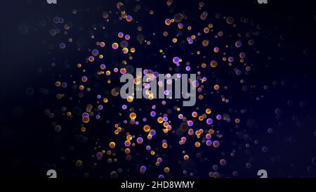 Natural dust particles floating on black background, pink particles in slow motion. Colorful same sixe circles moving chaotically, seamless loop. Stock Photo