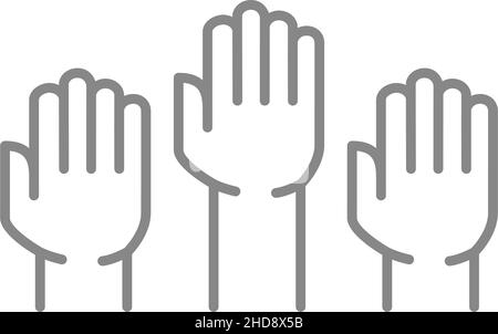 Three raised hands line icon. Team work, support, unity symbol Stock Vector