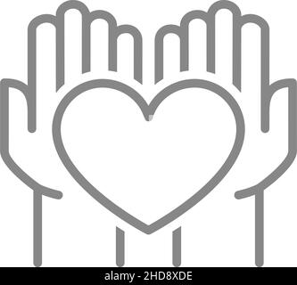 Hands holds heart line icon. Charity and donation, voluntary symbol Stock Vector