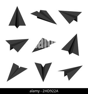 Realistic black handmade paper planes isolated on white background. Origami aircraft in flat style. Vector illustration. Stock Vector