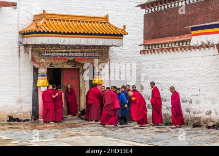 XIAHE, CHINA - AUGUST 25, 2018: Buddhist monks at Labrang Monastery in Xiahe town, Gansu province, China