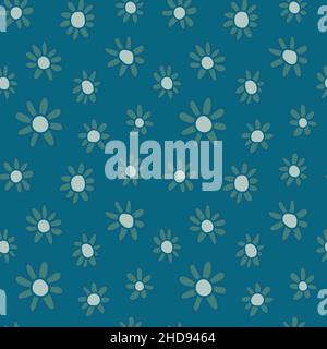 Floral pattern with daisy flowers on dark green background. Seamless Ditsy print. Stock Vector