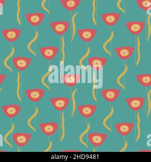 Floral pattern with red tulips on green background. Seamless Ditsy print Stock Vector