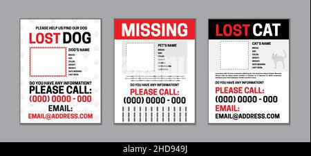 Missing or Lost Pet Page Template Set with Dog and Cat Design Stock Vector