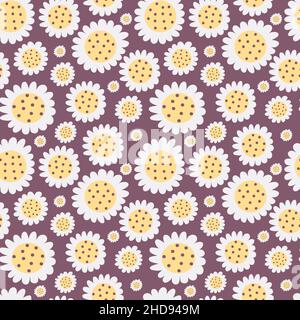 Floral pattern with white daisy flowers on dark purple background. Seamless Ditsy print. Stock Vector