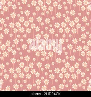 Floral pattern with white daisy flowers on pale red background. Seamless Ditsy print. Stock Vector