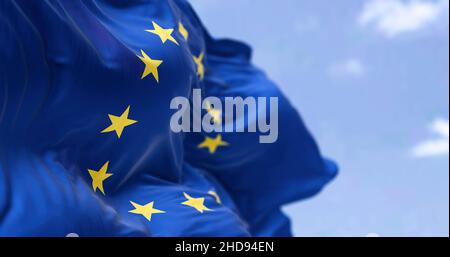 The flag of The European Union flapping in the wind. Economic and finance Community. Politics and Economy. Transnational political government Stock Photo