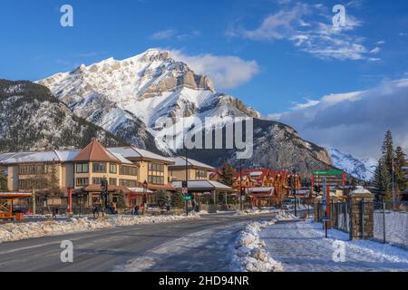 Banff Avenue and Cascade Mountain Banff National Park, Alberta, Canada. Stock Photo