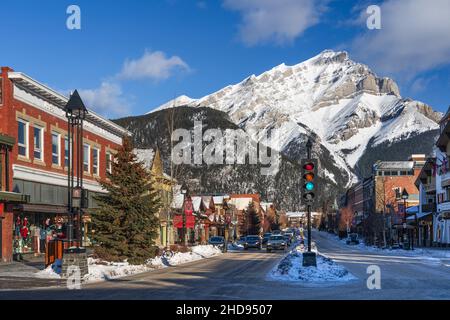 Banff Avenue and Cascade Mountain Banff National Park, Alberta, Canada. Stock Photo