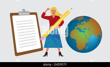 Woman with pencil, golden magnifying glass, laptop, note book and planet Earth globe. Vector illustration. Dimension 16:9. Stock Vector