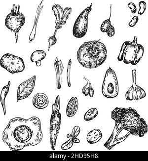 Set of doodles, hand drawn rough simple food sketches. Isolated on white background. Stock Vector