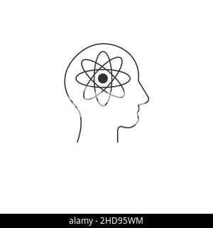 Innovation idea in human head outline vector icon illustration. Man brain with mind like an atom. Editable stroke. Stock vector illustration isolated Stock Vector