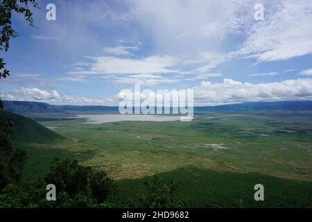 Spectacular view onto the vast Ngorongoro Crater with Lake Magadi inside, Tanzania 2021