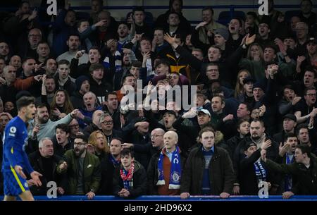 London, UK. 02nd Jan, 2022. Chelsea supporters during the Premier League match between Chelsea and Liverpool at Stamford Bridge, London, England on 2 January 2022. Photo by Andy Rowland/PRiME Media Images. Credit: PRiME Media Images/Alamy Live News Stock Photo