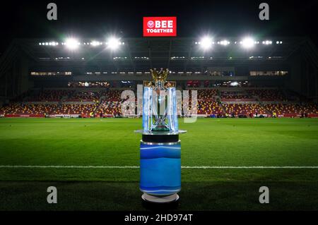 Brentford, UK. 29th Dec, 2021. The Premier League trophy on display pre match during the Premier League match between Brentford and Manchester City at the Brentford Community Stadium, Brentford, England on 29 December 2021. Photo by Andy Rowland. Credit: PRiME Media Images/Alamy Live News Stock Photo