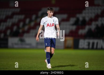 Stevenage, UK. 16th Dec, 2021. Alfie Devine of Spurs U18 during the FA Youth Cup third round match between Tottenham Hotspur U18 and Ipswich Town U18 at the Lamex Stadium, Stevenage, England on 16 December 2021. Photo by Andy Rowland. Credit: PRiME Media Images/Alamy Live News Stock Photo