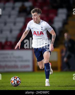 Stevenage, UK. 16th Dec, 2021. Alfie Devine of Spurs U18 during the FA Youth Cup third round match between Tottenham Hotspur U18 and Ipswich Town U18 at the Lamex Stadium, Stevenage, England on 16 December 2021. Photo by Andy Rowland. Credit: PRiME Media Images/Alamy Live News Stock Photo