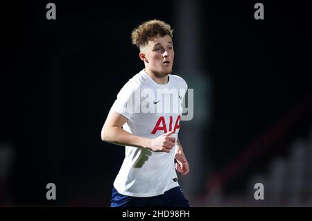 Stevenage, UK. 16th Dec, 2021. Alfie Devine of Spurs U18 during the FA Youth Cup third round match between Tottenham Hotspur U18 and Ipswich Town U18 at the Lamex Stadium, Stevenage, England on 16 December 2021. Photo by Andy Rowland. Credit: PRiME Media Images/Alamy Live News Stock Photo