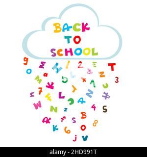 Back to school illustration with cloud and rain made of letters and numbers Stock Vector
