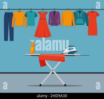 Ironing room interior with clothes and iron. Eps 10 Stock Vector