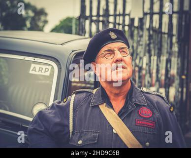 Re-enactor as 1940, wartime ARP warden (air raid precaution) looking up to the sky at Severn Valley heritage railway 1940s summer event, UK. Stock Photo