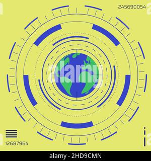 Tech blue target aiming at a planet earth. Representing a threat to the planet and environment. Environmental and ecological disaster. Yellow backgrou Stock Vector
