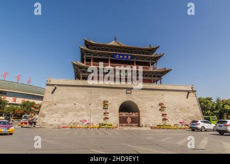 ZHANGYE, CHINA - AUGUST 23, 2018: Drum Tower in Zhangye, Gansu Province China