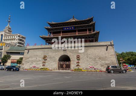 ZHANGYE, CHINA - AUGUST 23, 2018: Drum Tower in Zhangye, Gansu Province China