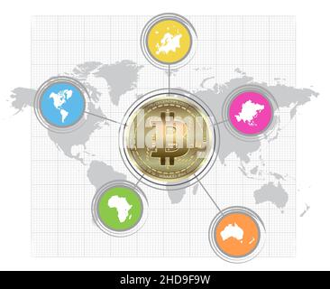 Bitcoin coin, World and continents map, infographics isolated on white background, blank Stock Photo