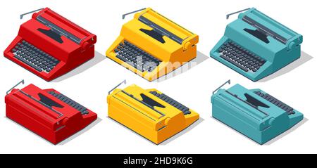 Isometric Vintage typewriter and papers. Typewriter machine in retro style. World Writer Day. Stock Vector