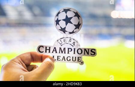 September 12, 2021, St. Petersburg, Russia. The emblem of the UEFA Champions League against the background of a modern stadium. Stock Photo