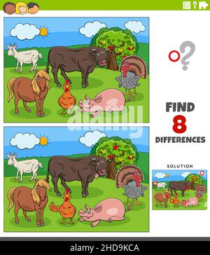 differences task with cartoon farm animals coloring page Stock Vector ...