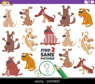 Cartoon illustration of finding two same pictures educational game with funny dogs animals characters Stock Vector