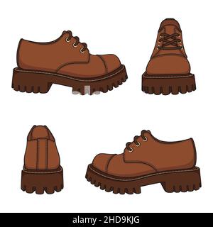 Set of color illustrations with brown shoes, boots. Isolated vector objects on white background. Stock Vector