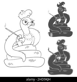 Illustration with a cartoon snake with a cigarette in a mouthpiece and a fur cape. Set of black and white vector isolated objects on a white backgroun Stock Vector