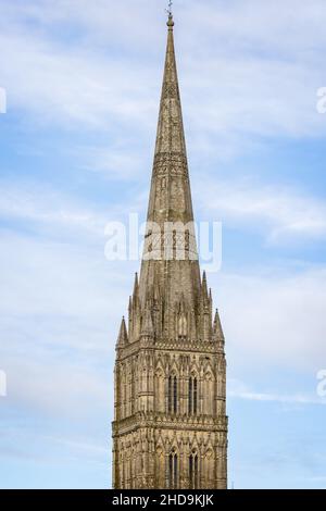 Close up of Salisbury Cathedral Spire in Salisbury, Wiltshire, UK on 4 January 2022 Stock Photo
